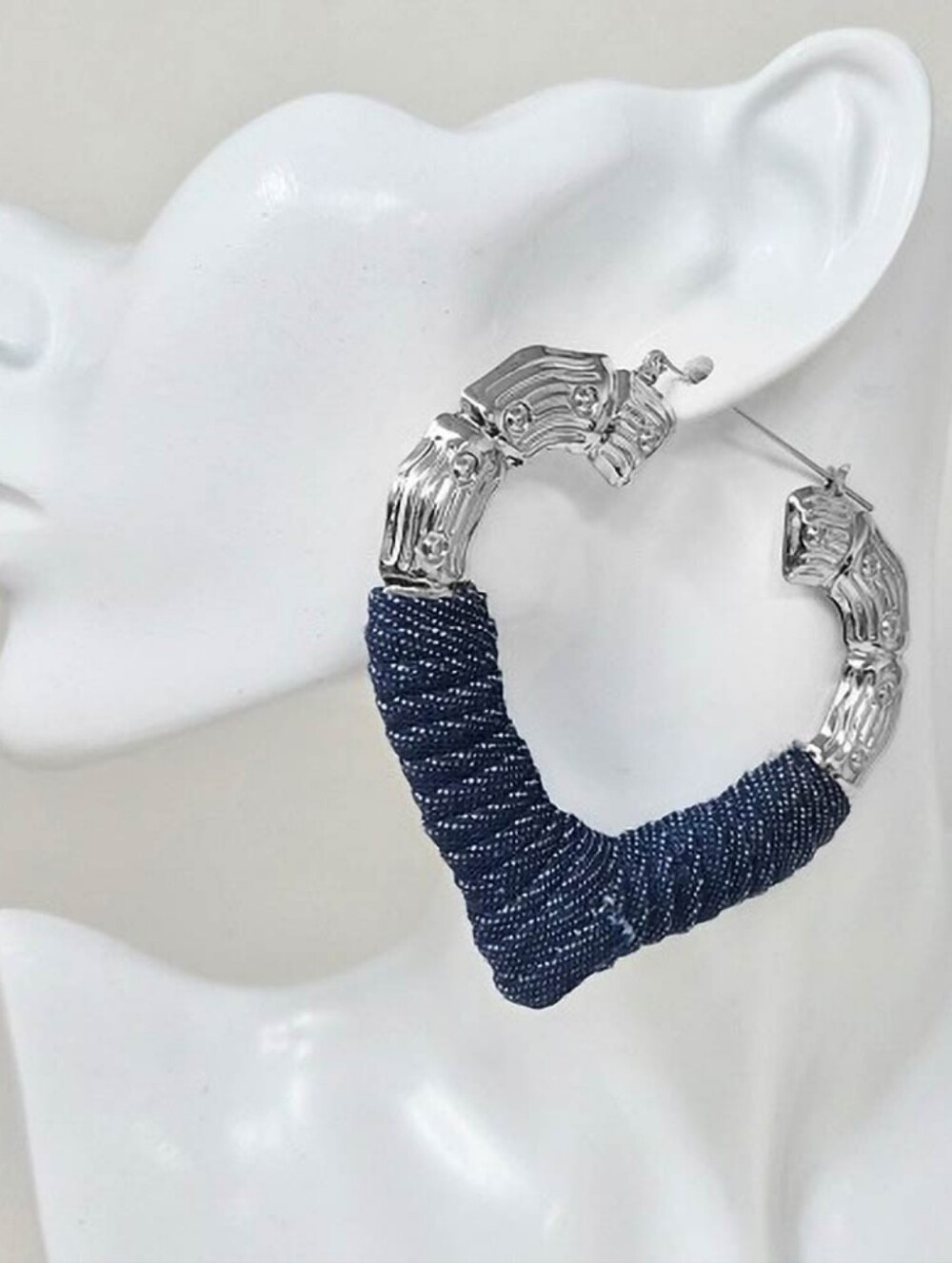 SilvertoneTextured Denim Fabric Wrapped Heart Pin Catch Statement Hoop Earrings
